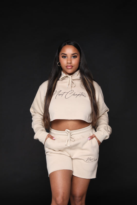 Crop Top Fleece Short set "Brown & Beige"